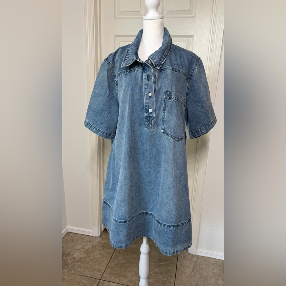 Free People Remino Collar Neck Short Sleeve Denim Mini Dress X-Large - Picture 3 of 12